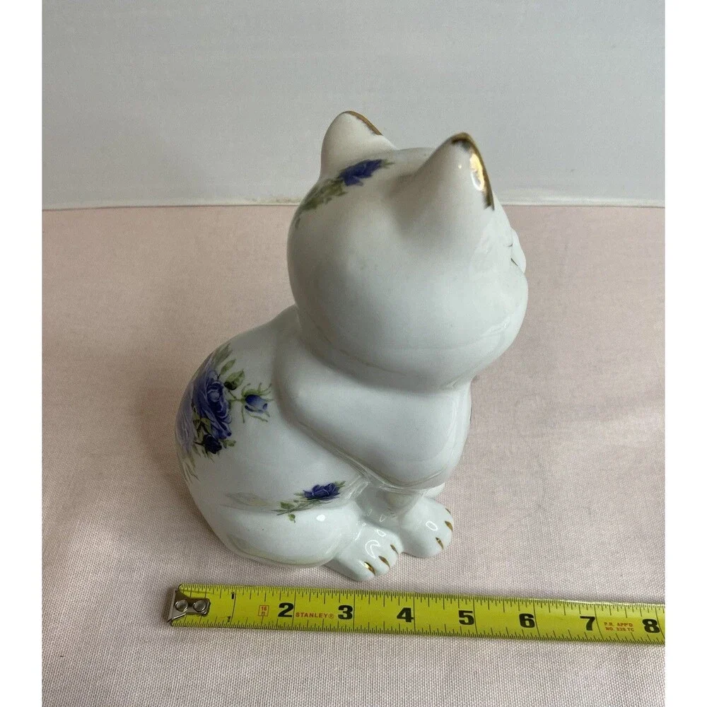 1980s Baum Brothers Blue Victorian Rose Collection Porcelain Cat